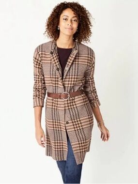 J. Jill Plaid Open-Front Duster Coat in Tan, Black and Cream